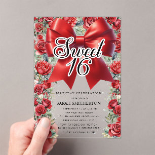 Red Bow Coquette Floral  Sweet 16 Acryl Uitnodigingen