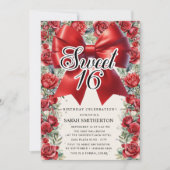 Red Bow Coquette Floral Sweet 16 Kaart (Voorkant)