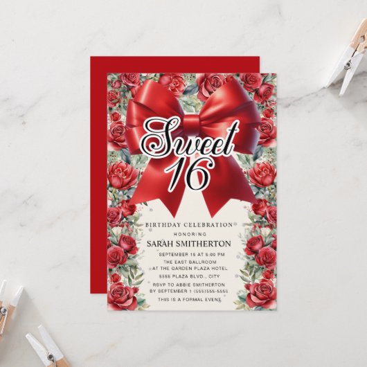 Red Bow Coquette Floral Sweet 16 Kaart (Voorkant / Achterkant in situ)