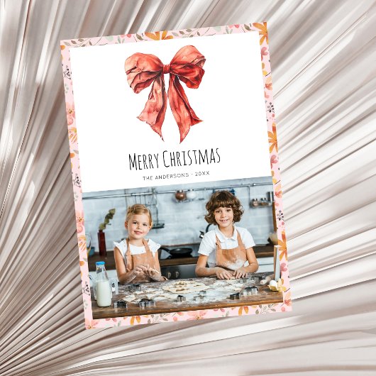 Red Bow Coquette Minimale foto Kerst Feestdagenkaart