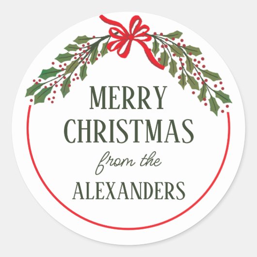 Red Bow en Holly Garland tijdens kerst Ronde Sticker (Voorkant)