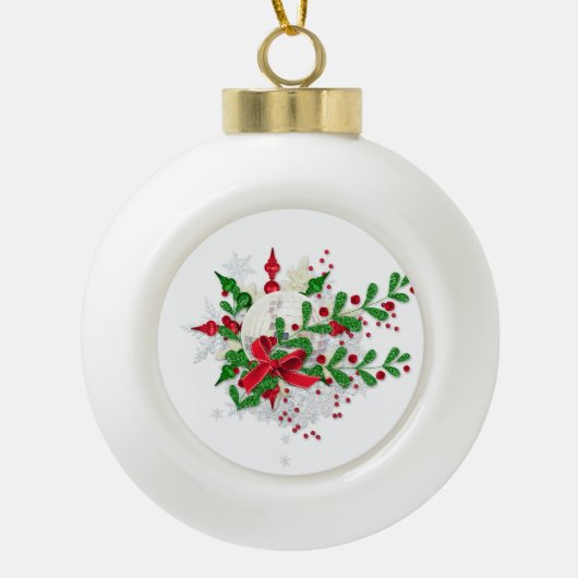 Red Bow en Holly Keramische Bal Ornament (Voorkant)
