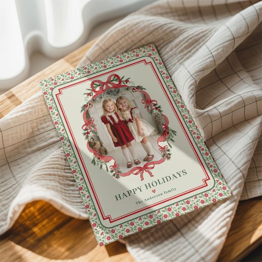 Red Bow Farmhouse Charm Christmas Photo Feestdagenkaart