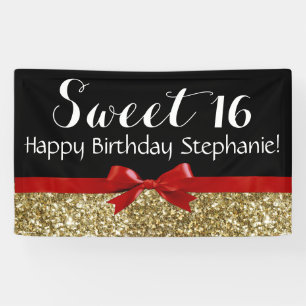 Red Bow Gold Glitter Sweet 16 Birthday Party Spandoek