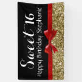 Red Bow Gold Glitter Sweet 16 Birthday Party Spandoek (Verticaal)