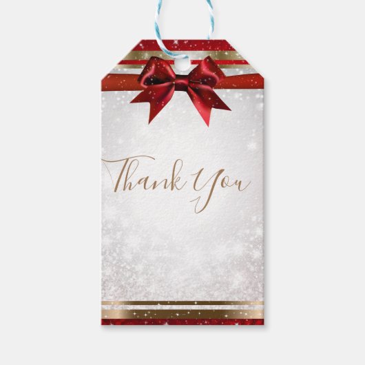 Red Bow & Gold White Sparkle Elegant Holiday Party Cadeaulabel (Voorkant)
