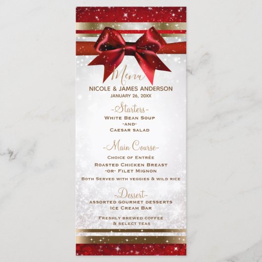 Red Bow & Gold White Sparkle Holiday Party Menu (Voorkant)