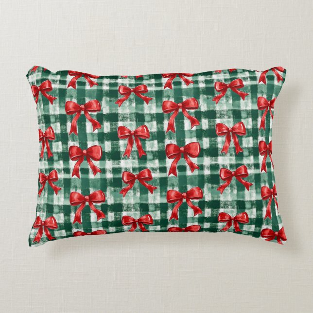 Red Bow Green Plaid Christmas Accent Kussen (Voorkant)