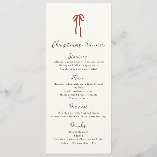 Red bow, Hand drawn Christmas Dinner  Menu (Voorkant)