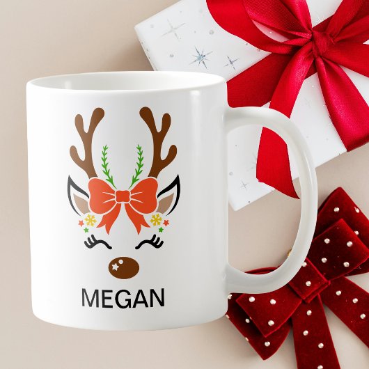 Red Bow Holiday Antlers Reindeer Face Koffiemok