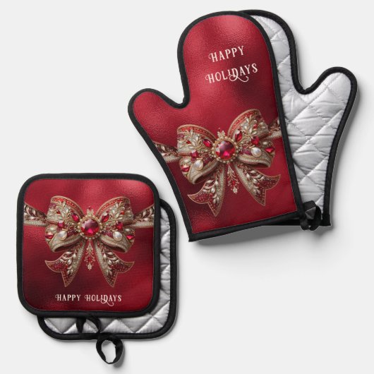 Red Bow Holiday Ovenwant & Pannenlap Set (Voorkant / Achterkant)