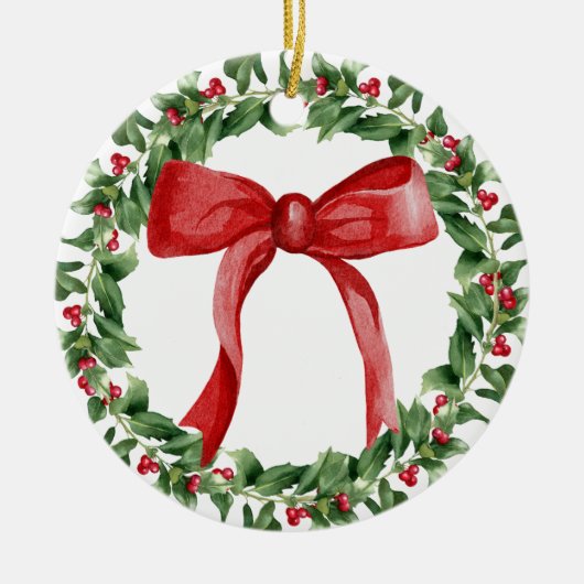 Red Bow Holiday Wreath Classic Kerstboom Keramisch Ornament (Voorkant)