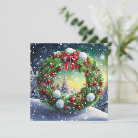 Red Bow Holiday Wreath Kaart (Staand voorkant)