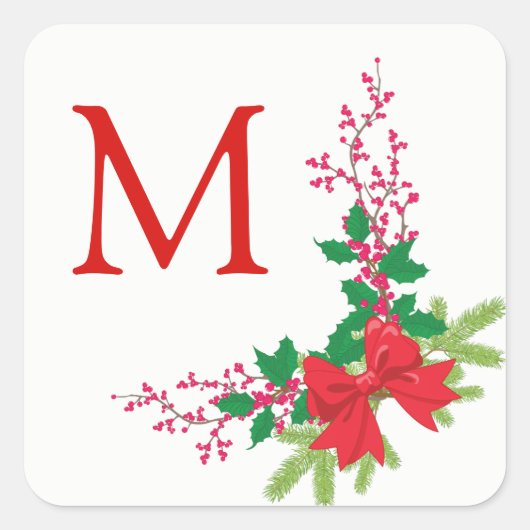 Red Bow Holly Christmas Vierkante Sticker (Voorkant)