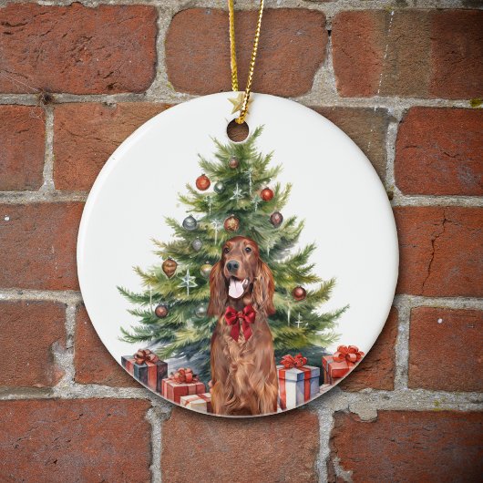 Red Bow Ierse Setter Hond Kerstmis Keramisch Ornament