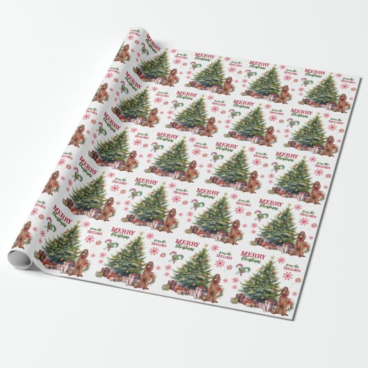 Red Bow Irish Setter Dog Holiday Tree Cadeaupapier (Uitgerold)