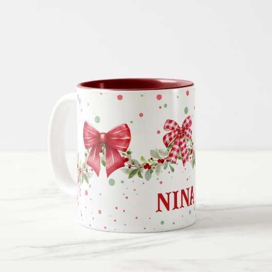 Red Bow krans Garland gepersonaliseerde kerst Mok (Voorkant links)