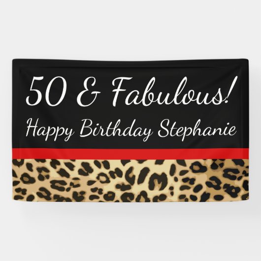 Red Bow Leopard 50th Fabulous Birthday Party Spandoek (Horizontaal)