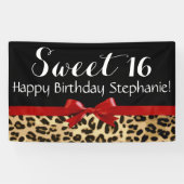 Red Bow Leopard Print Sweet 16 Birthday Party Spandoek (Horizontaal)