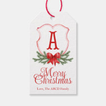 Red Bow Merry Christmas Crest Gift Label - A
