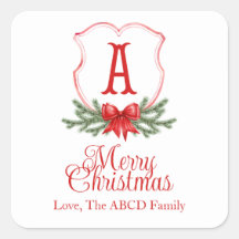 Red Bow Merry Christmas Crest Sticker Gift Label -