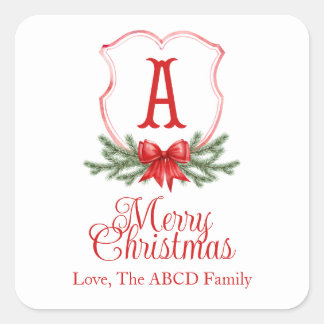 Red Bow Merry Christmas Crest Sticker Gift Label -