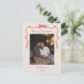 Red Bow Neutral Minimalist Christmas Post Kaart (Staand voorkant)