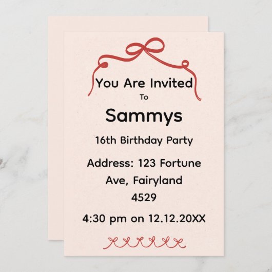 Red Bow Party Invitation | Elegant Ribbon Bow  (Devant / Derrière)