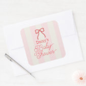 Red Bow & Pink Stripes Baby Shower Vierkante Sticker (Envelop)