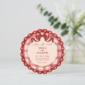 Red bow plaid wedding save the date (Staand voorkant)