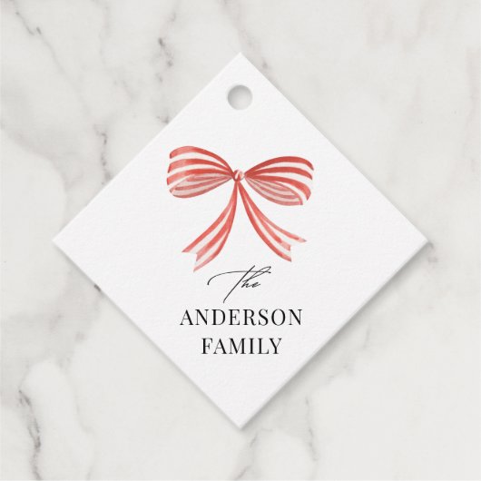 Red bow ribbon Script Familievakantie Bedankjes Labels (Voorkant)