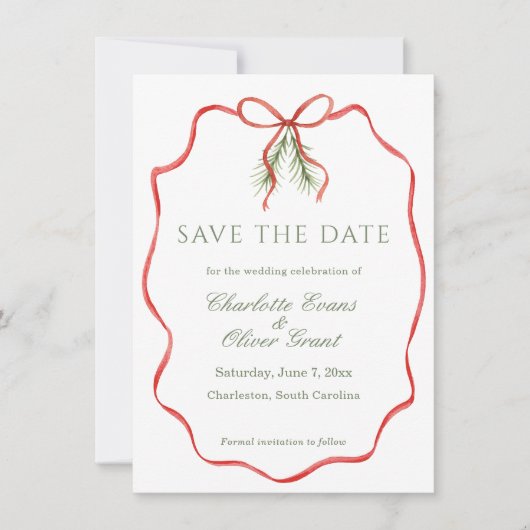 Red Bow Ribbon Winter Save The Date (Voorkant)