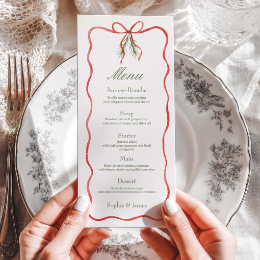 Red Bow Ribbon Winter Wedding Flat Menu