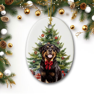 Red Bow Rottweiler Hondenkerst Keramisch Ornament