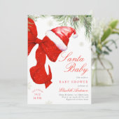 Red Bow Santa Baby Shower Invitation Kaart (Staand voorkant)
