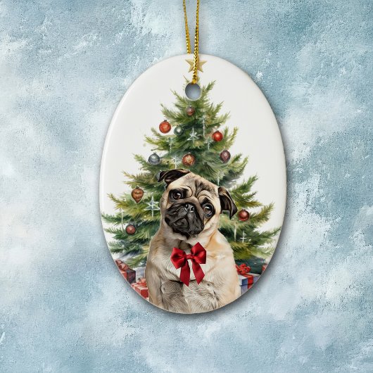 Red Bow Schattig Pug Dog Christmas Keramisch Ornament