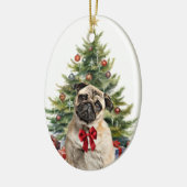 Red Bow Schattig Pug Dog Christmas Keramisch Ornament (Links)