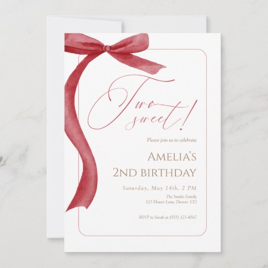 Red Bow Second Birthday Invitation Two Sweet (Devant)