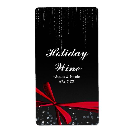 Red Bow Sparkle Bling Holiday Party Wijnlabel Etiket (Voorkant)