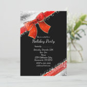 Red Bow & Sparkles Chic Black Holiday Invitations (Debout devant)