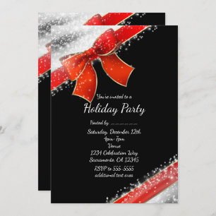 Red Bow & Sparkles Chic Black Holiday Invitations Kaart