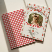Red Bow Strawberry Berry First Birthday Photo Kaart