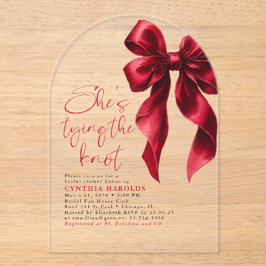 Red Bow Ze bindt het knoop Vrijgezellenfeest Acryl Uitnodigingen (Voorkant)