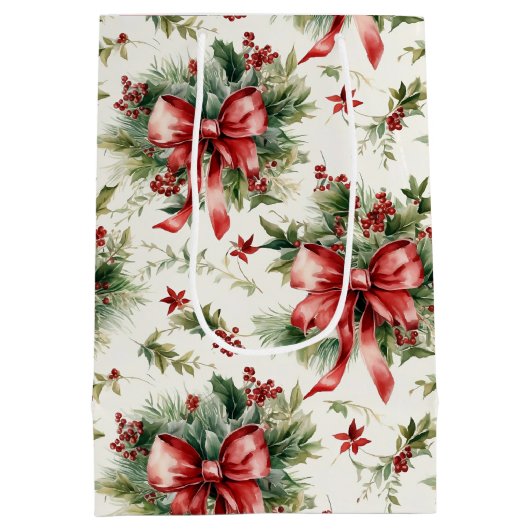 Red Bows and Holly Leaves Medium Cadeauzakje (Achterkant)