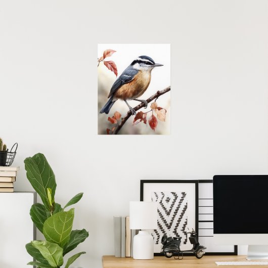 Red Breasted Nuthatch Bird Art Print Poster (Thuiskantoor)