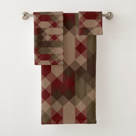 Red bronze and olive geometric bad handdoek (Insitu)