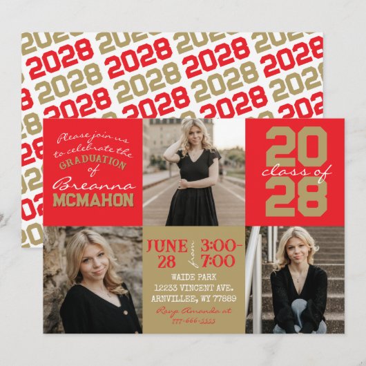 Red & Bronze Gold 3 Photo Graduation Invitation (Devant / Derrière)