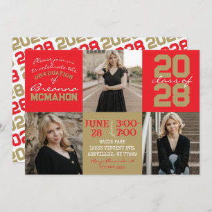 Red & Bronze Gold 3 Photo Graduation Invitation