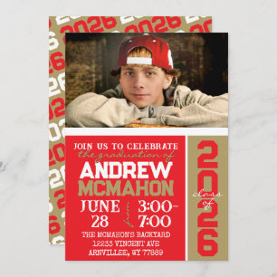 Red & Bronze Gold Graduation Photo Invitation