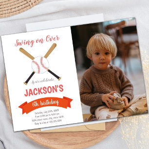 Red Brown Baseball Birthday Invitation foto Kaart
